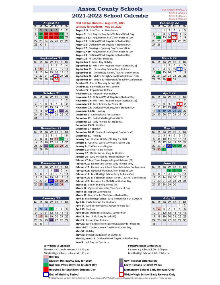 Revised School Calendar • News ANSON COUNTY SCHOOLS