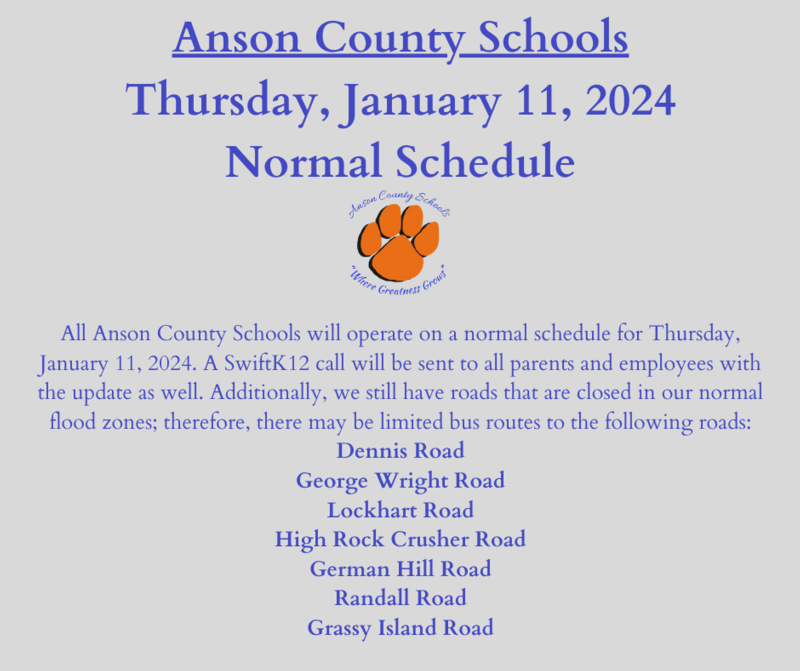 Normal Schedule - Thursday, January 11, 2024