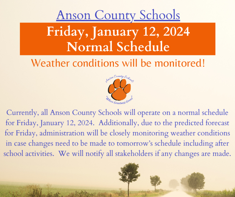 Normal Schedule on Friday, January 12, 2024